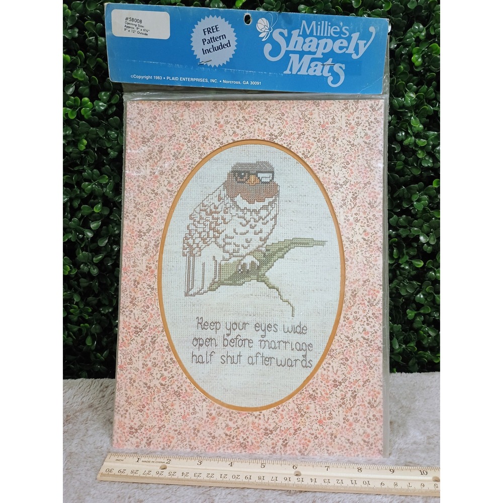 Vintage 1983 Millie's‎ Shapely Mats Plaid Owl Cross Stitch Floral Mat 58008